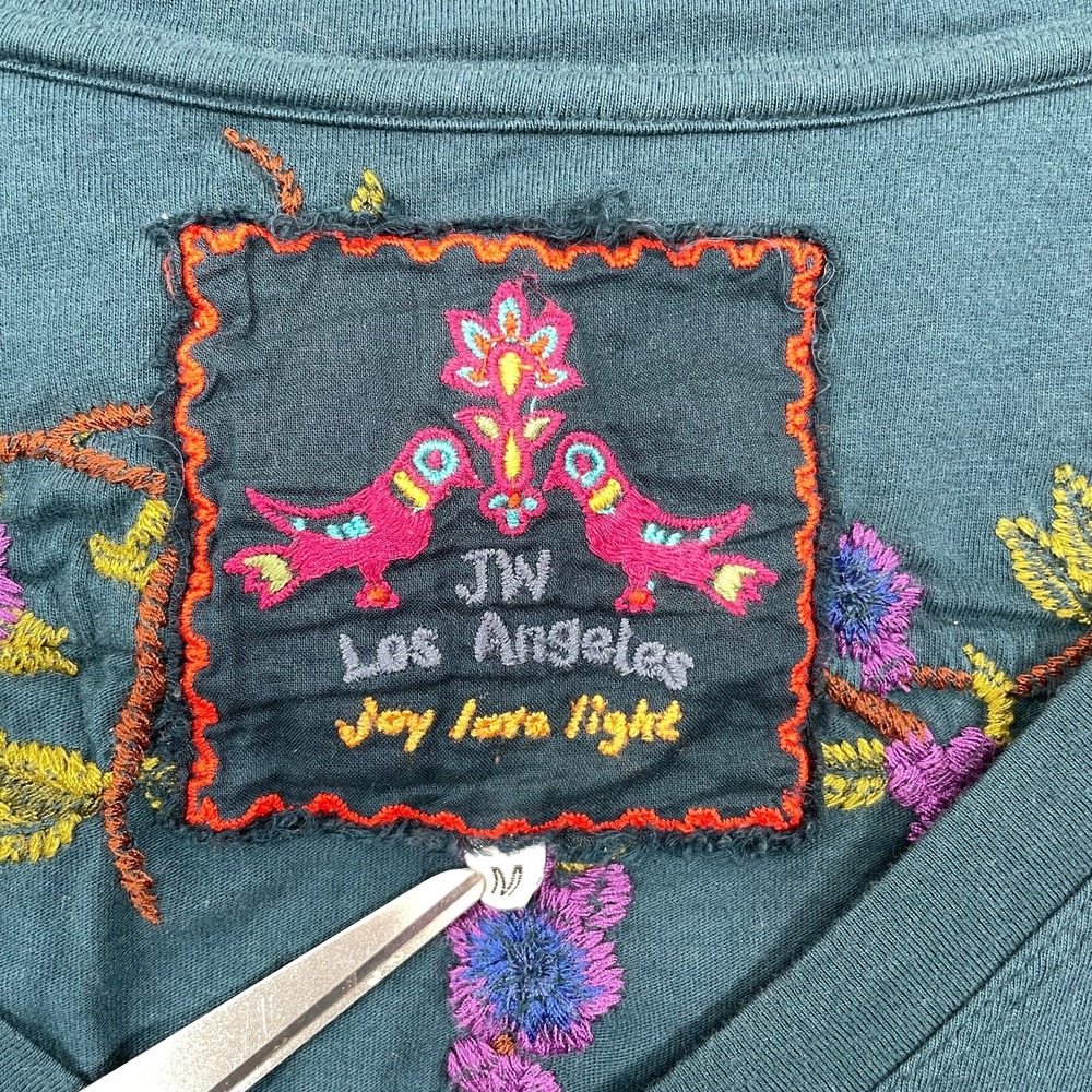 Johnny Was Teal Long Sleeve V-Neck Tee with Purple Floral Embroidery - Picture 2 of 7